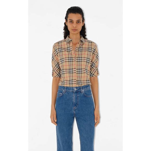 Burberry Check Stretch Cotton Button Down Shirt size US 4 - Picture 1 of 6